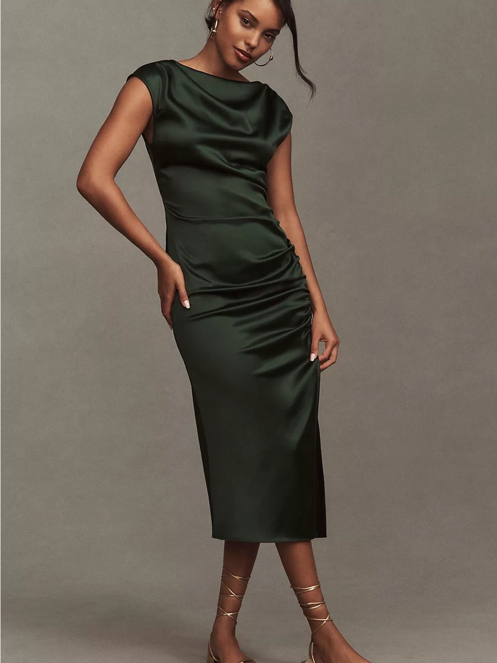 BHLDN Emerald Satin Cowl-Neck Ruched Midi Dress